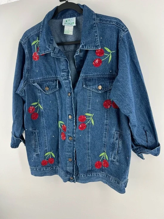 Quacker Factory Vintage Sequin & Embroidered Cherry Denim Jacket - Large - EUC - Picture 3 of 8